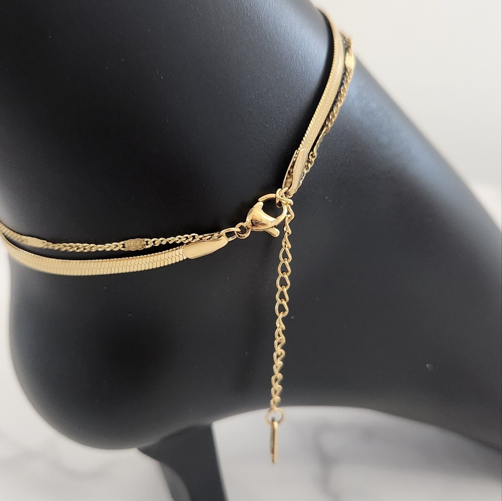 Gold Layered Anklet Herringbone Chain Heart Charm 18K Plated Adjustable - Picture 11 of 13